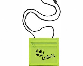 Pochette tour de cou avec nom | y compris NOM IMPRIMER | Ballon de football à motifs | Porte-monnaie portefeuille pour enfants filles avec fermeture velcro à accrocher autour de l'épaule