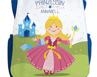 Rucksack mit Namen für Mädchen | Motiv Prinzessin | Cooler Kindergartenrucksack inkl. Wunschname & Brustgurt hellblau dunkelblau rot pink