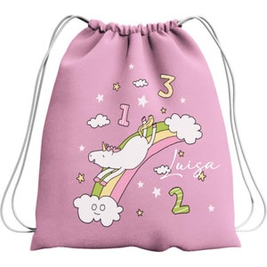 Sac de sport pour filles commençant l'école avec nom personnalisé | Motif licorne arc-en-ciel rose | Sac en tissu pour enfant avec cordon de serrage | Cadeau d'inscription scolaire