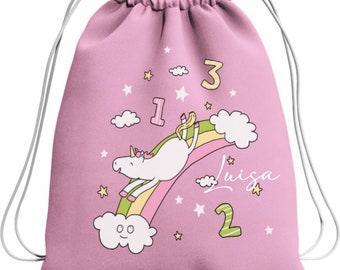 Turnbeutel Mädchen Schulanfang mit Name personalisiert | Motiv Einhorn Regenbogen rosa | Stoffbeutel Kind mit Kordel | Geschenk Einschulung