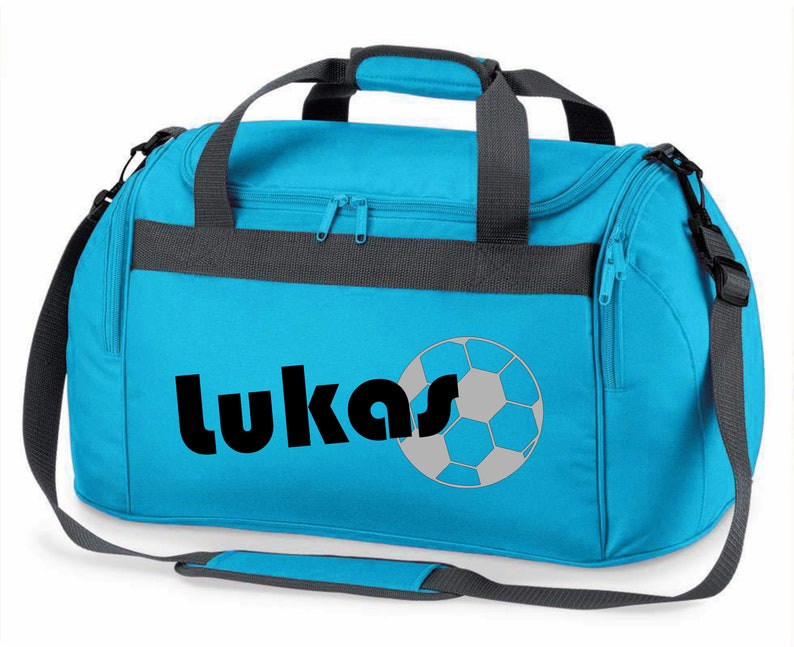 Sporttasche mit Namen, Fußball, bedruckt, für Kinder, Reisetasche, Mädchen, Junge, blau, schwarz, pink türkis