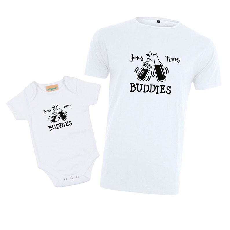 May include: White baby onesie and t-shirt with black text and images. The onesie says "Jonas Franz Buddies" with a baby bottle and beer bottle clinking. The t-shirt says "Jonas Franz Buddies" with a baby bottle and beer bottle clinking.