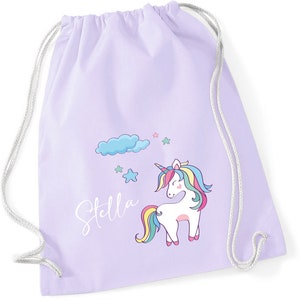 Einhorn Turnbeutel mit Sternen und Wolke Stoffbeutel für Mädchen mit Namen zum Zuziehen als kleiner Rucksack für Wechselwäsche pastelllila