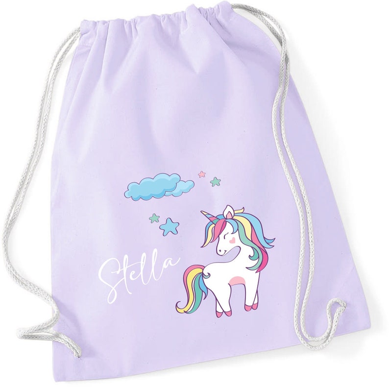 Einhorn Turnbeutel mit Sternen und Wolke Stoffbeutel für Mädchen mit Namen zum Zuziehen als kleiner Rucksack für Wechselwäsche pastelllila