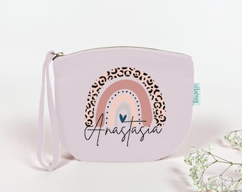 klein make-uptasje met luipaardprint | Regenboogmotief in roze | Cosmetische tas gepersonaliseerd met naamopdruk | Make-up beautycase