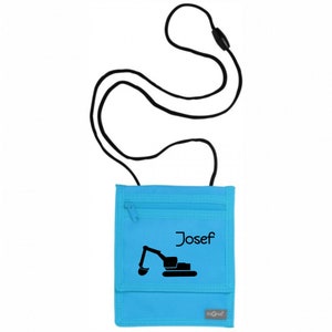 Brustbeutel mit Namen | inkl. NAMENSDRUCK | Motiv Bagger | Geldbörse Kindergeldbeutel für Kinder Jungen mit Klettverschluss zum Umhängen