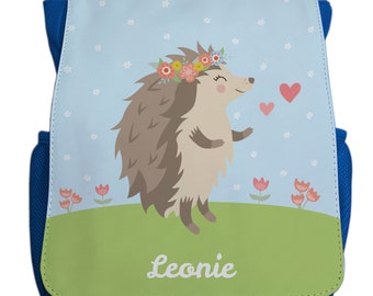 Sac à dos avec nom pour fille | Motif hérisson & couronne de fleurs coeurs | adorable sac à dos de jardin d'enfants avec le nom souhaité bleu clair bleu foncé rouge