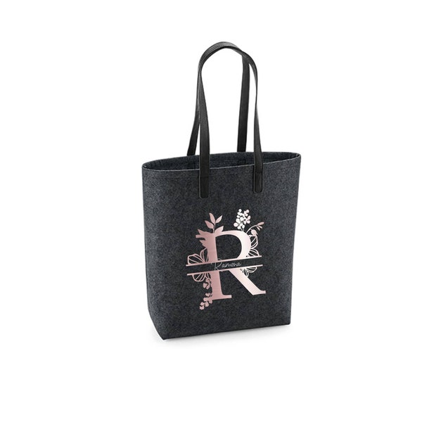 Filztasche Shopper dunkelgrau mit Motivdruck | Bedruckt und Personalisiert mit Blumen Monogramm Name | Einkaufstasche Geschenk | Muttertag