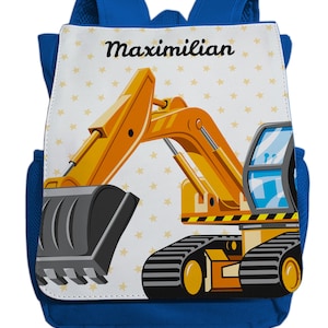 Backpack with name for boys | Excavator motif | Cool kindergarten backpack including desired name & chest strap light blue dark blue red pink