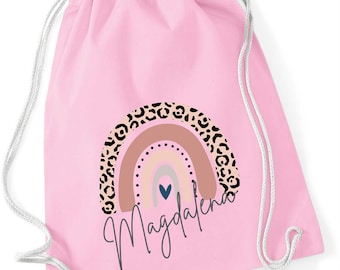 Personalized drawstring bag with leopard print | Rainbow motif in pink | Drawstring bag/backpack for girls