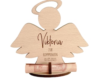 Personalized money gift communion confirmation | Engraved wooden angel to give away money with name | Gift girl boy