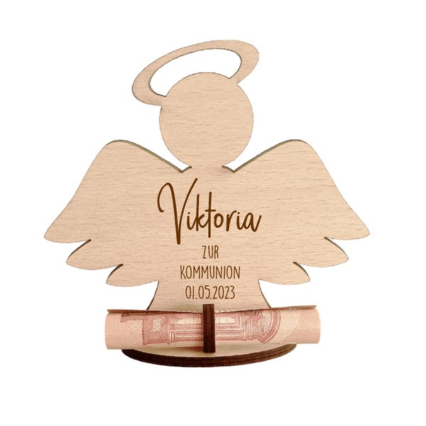 Personalisiertes Geldgeschenk Kommunion Konfirmation | Gravierter Engel aus Holz zum Geld verschenken mit Namen | Geschenk Mädchen Junge