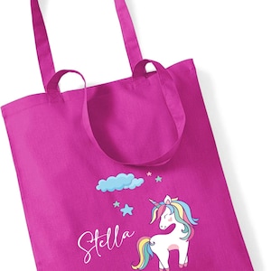 Jutebeutel Einhorn mit eigenem Namen bedruckt | große Stofftasche Baumwolle Unicorn Wolke Sterne | Personalisierter Kitabeutel Mädchen