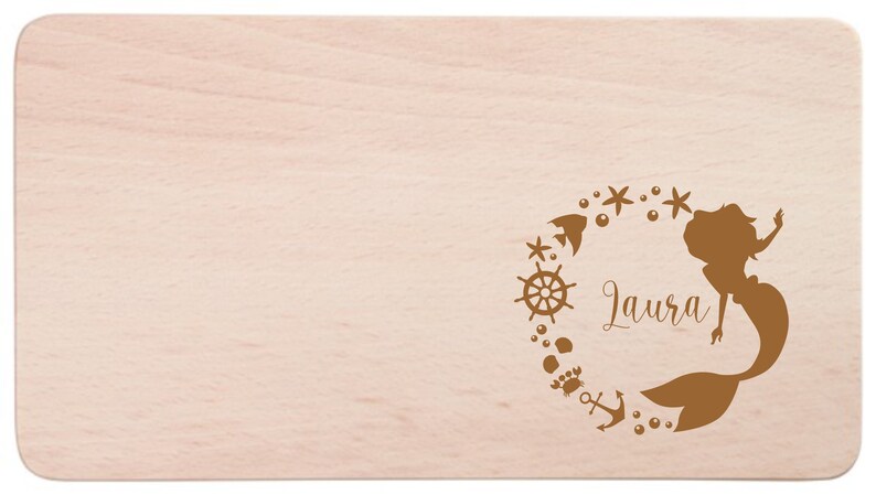 Frühstücksbrettchen für Kinder mit Namensgravur Personalisiertes Brotzeitbrett Holzbrett mit Motiv & Name Persönliches Geschenk Mädchen Meerjungfraukreis