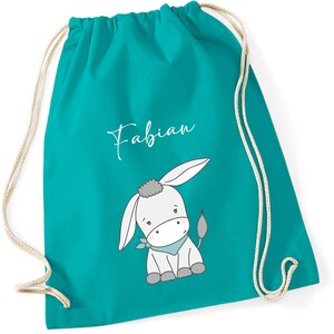 Personalisierter Turnbeutel für Mädchen Jungen mit Namen | Motiv süßer Esel | Stoffbeutel mit Kordel zum Zuziehen | Geschenk-Idee für Kinder
