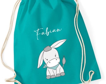 Personalized gym bag for girls boys with name | Motif cute donkey | Cloth bag with drawstring to close | Gift idea for children