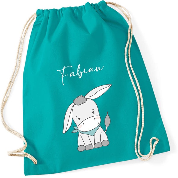 Personalized gym bag for girls boys with name | Motif cute donkey | Cloth bag with drawstring to close | Gift idea for children