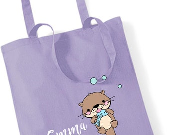 Jutebeutel bedruckt mit Otter und Name | Stofftasche aus Baumwolle für Jungen und Mädchen | Kinderbeutel Kindergarten Kita Wechselwäsche