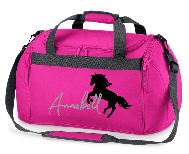 Sac d'équitation personnalisé avec nom imprimé Motif cheval cabré avec nom Sac de transport et de sport pour filles pour l'équitation image 3