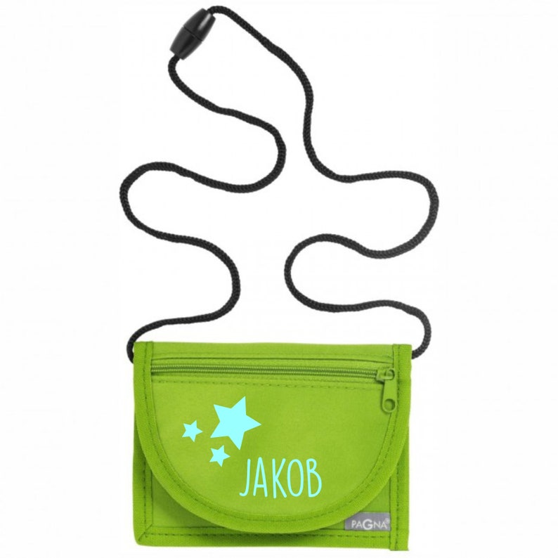 Wallet with name & transparent insert incl. NAME PRINT Motif stars Wallet neck pouch with viewing window for children to hang around the neck lime