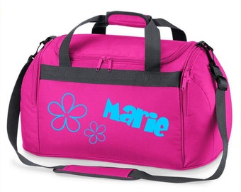 Sports bag with name, flowers, printed, for children, travel bag, girl, boy, blue, black, pink