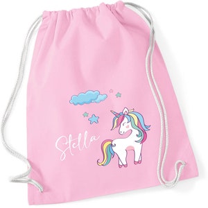 Einhorn Turnbeutel mit Sternen und Wolke Stoffbeutel für Mädchen mit Namen zum Zuziehen als kleiner Rucksack für Wechselwäsche rosa