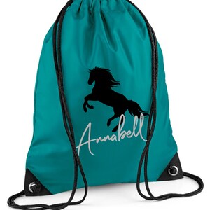 Sac à cordon personnalisé avec nom imprimé Motif cheval cabré & nom Sac à cordon avec motif cheval pour fille türkis