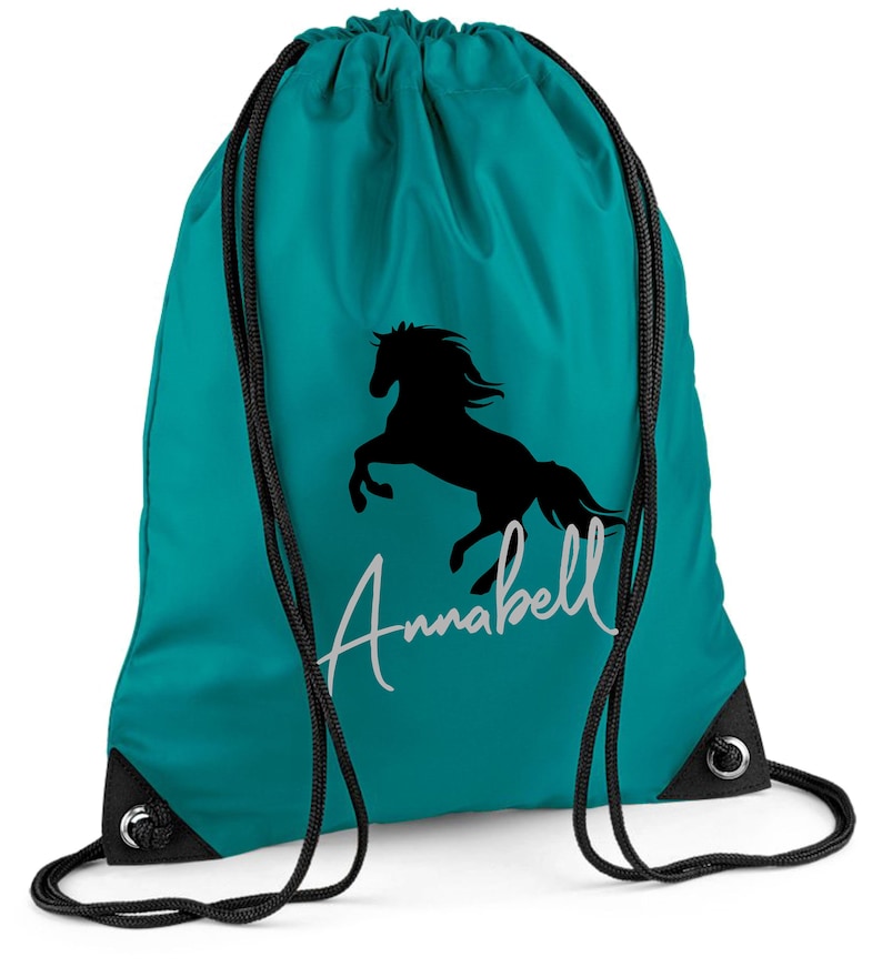 Sac à cordon personnalisé avec nom imprimé Motif cheval cabré & nom Sac à cordon avec motif cheval pour fille türkis