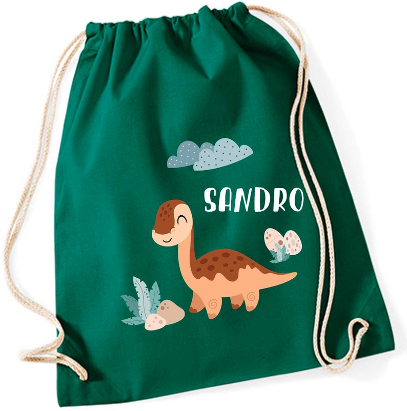 Turnbeutel Jungen Dino mit Namen personalisiert Kinder Stoffbeutel Rucksack zum Zuziehen Schuhbeutel 12L Sportbeutel Kita Kindergarten dunkelgrün