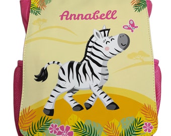 Rucksack mit Namen für Mädchen Jungen | Motiv Zebra | Cooler Kindergartenrucksack mit Wunschname & Brustgurt hellblau dunkelblau rot pink