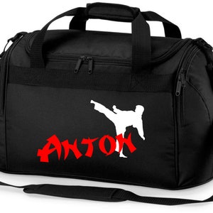 Bolsa de deporte con nombre Motivo de Karate en blanco y rojo para niños y niñas. Bolsa de viaje cruzada taekwondo judo artes marciales schwarz