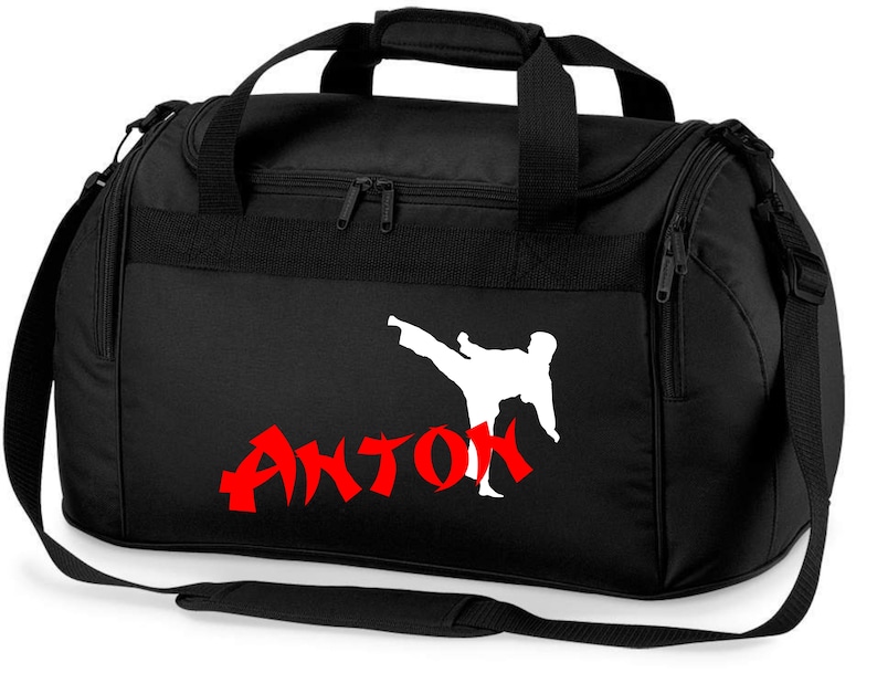 Sports bag with name Karate motif in white & red for boys and girls Crossbody travel bag taekwondo judo martial arts schwarz