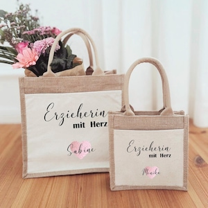 Sac en jute coton éducateur personnalisé avec nom | Cadeau Merci Éducateur avec Coeur |  Sac d'adieu garderie maternelle