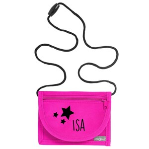 Portefeuille avec nom et insert transparent y compris NOM IMPRIMER Étoiles à motifs Pochette tour de cou avec fenêtre de visualisation pour que les enfants puissent l'accrocher autour du cou pink