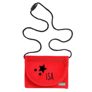 Portefeuille avec nom et insert transparent y compris NOM IMPRIMER Étoiles à motifs Pochette tour de cou avec fenêtre de visualisation pour que les enfants puissent l'accrocher autour du cou rot