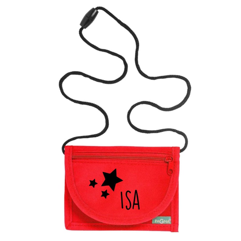 Portefeuille avec nom et insert transparent y compris NOM IMPRIMER Étoiles à motifs Pochette tour de cou avec fenêtre de visualisation pour que les enfants puissent l'accrocher autour du cou rot