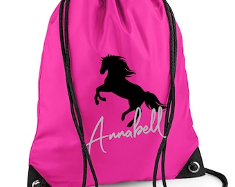 Personalized gym bag with name print | Motif rearing horse & name | Drawstring bag with horse motif for girls