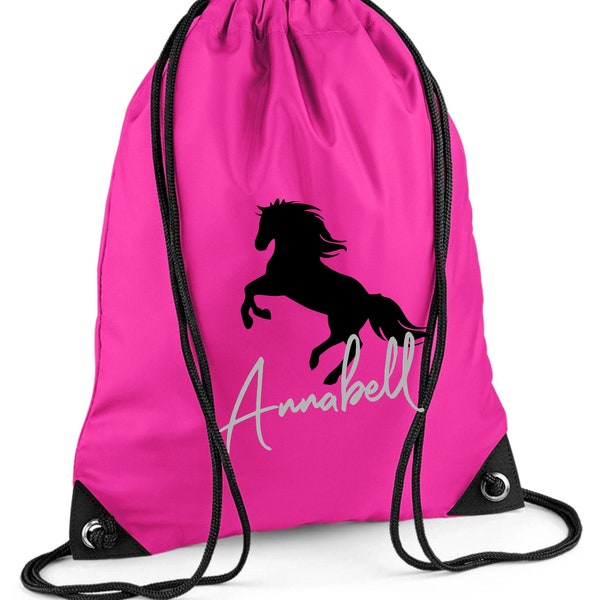 Drawstring bag personalized with name print | Motif rearing horse & name | Drawstring bag with a horse motif for girls