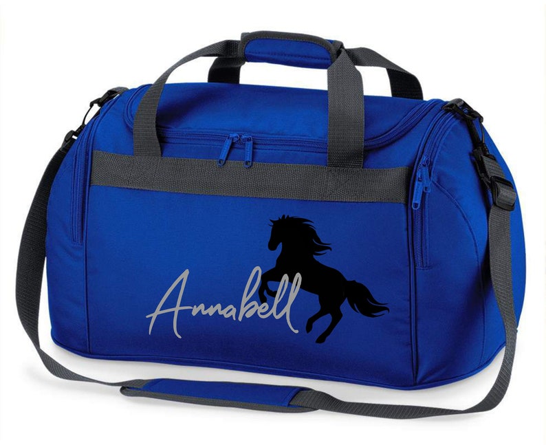 Riding bag personalized with name print Motif rearing horse with name Carrying and sports bag for girls for riding royalblau