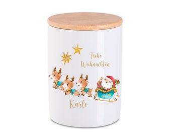 Personalized Christmas cookie jar for children with name | Ceramic cookie jar with lid | Storage jar with Santa Claus and reindeer