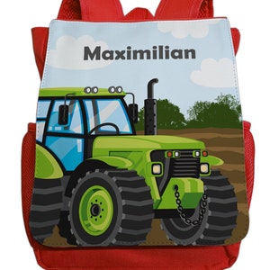 Rucksack mit Namen für Jungen Motiv Traktor Cooler Kindergartenrucksack inkl. Wunschname & Brustgurt hellblau dunkelblau rot pink Rot