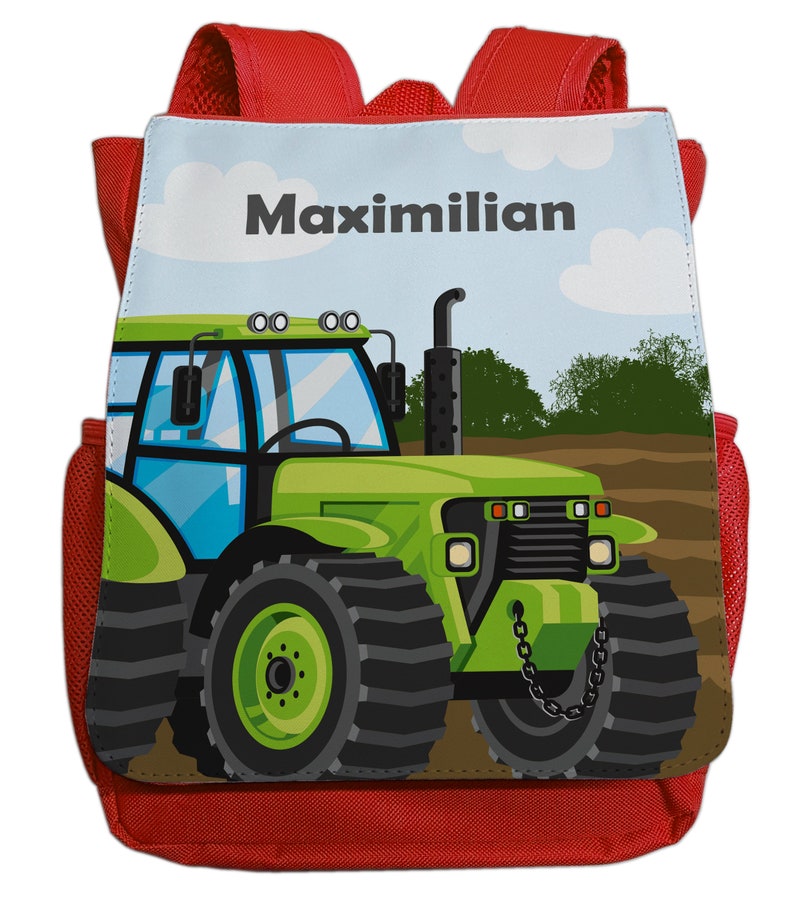 Rucksack mit Namen für Jungen Motiv Traktor Cooler Kindergartenrucksack inkl. Wunschname & Brustgurt hellblau dunkelblau rot pink Czerwony