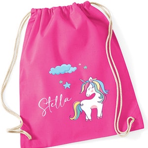 Einhorn Turnbeutel mit Sternen und Wolke Stoffbeutel für Mädchen mit Namen zum Zuziehen als kleiner Rucksack für Wechselwäsche pink