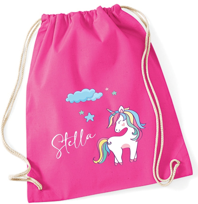 Einhorn Turnbeutel mit Sternen und Wolke Stoffbeutel für Mädchen mit Namen zum Zuziehen als kleiner Rucksack für Wechselwäsche pink