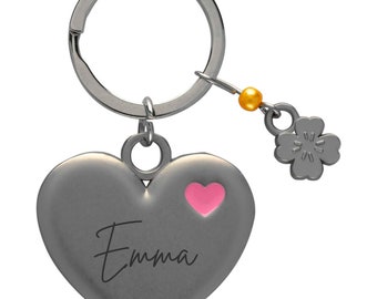 Keychain personalized with name | Heart with cloverleaf as a lucky charm with engraving | sturdy stainless steel trailer