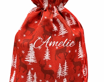 Borse di Babbo Natale personalizzate con nome | fiocchi di neve stampati, renne, stelle | Borsa in iuta, borsa regalo di Natale con stampa del nome