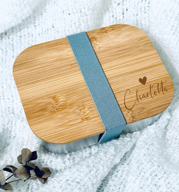 Stainless Steel Lunch Box With Wooden Lid - Personalized With Name - Engraved Lunch Box for Children - Metal Lunch Box With Engraving