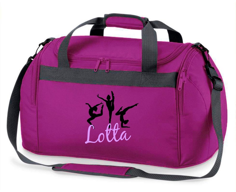 Sac de sport avec noms pour filles Gymnastique à motifs en tant que gymnaste avec impression de nom personnalisée Sac de voyage violet, rose ou Lila