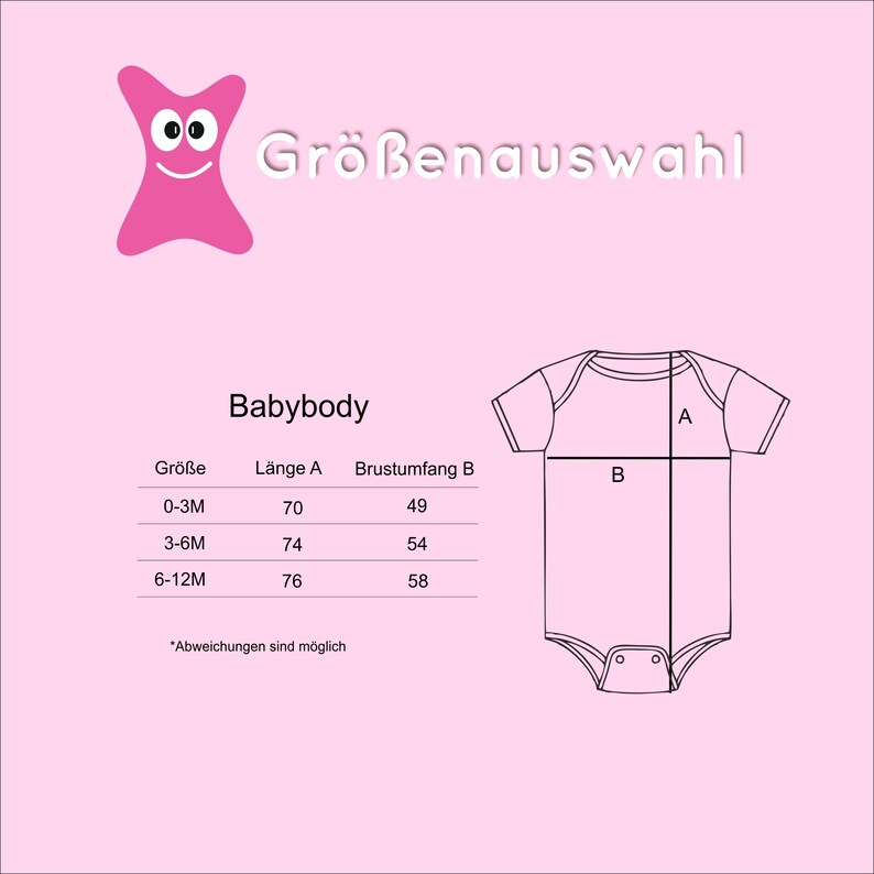 May include: A black and white line drawing of a baby onesie with measurements labeled in centimeters. The onesie is shown with a length measurement labeled "A" and a chest measurement labeled "B". A table shows the size, length, and chest measurements for baby onesies in sizes 0-3M, 3-6M, and 6-12M.