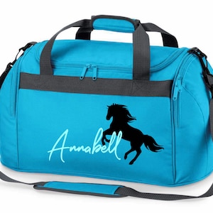 Sac d'équitation personnalisé avec nom imprimé Motif cheval cabré avec nom Sac de transport et de sport pour filles pour l'équitation türkis